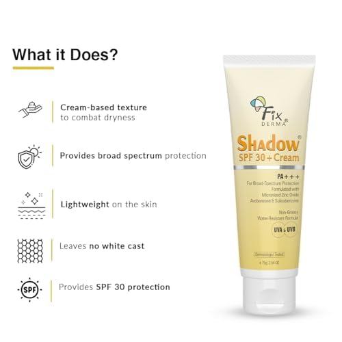 Fixderma Shadow Sunscreen SPF 30+ PA+++ Cream For Dry Skin, Body & Face, Broad Spectrum For Uva & Uvb Protection, Non Greasy & Water Resistant, 75g