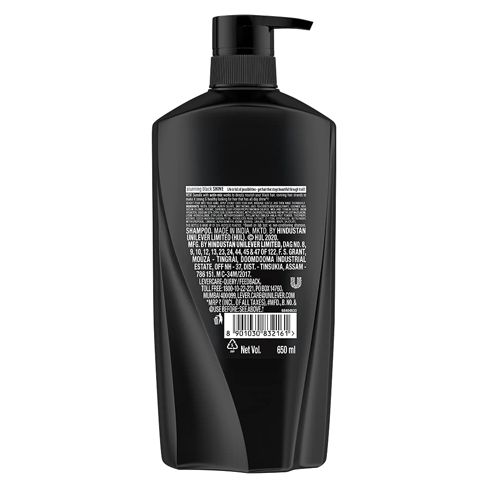 Sunsilk Black Shine, Shampoo, 650ml, for Shiny, Moisturised & Fuller Hair, with Amla + Oil & Pearl Protein, Paraben-Free