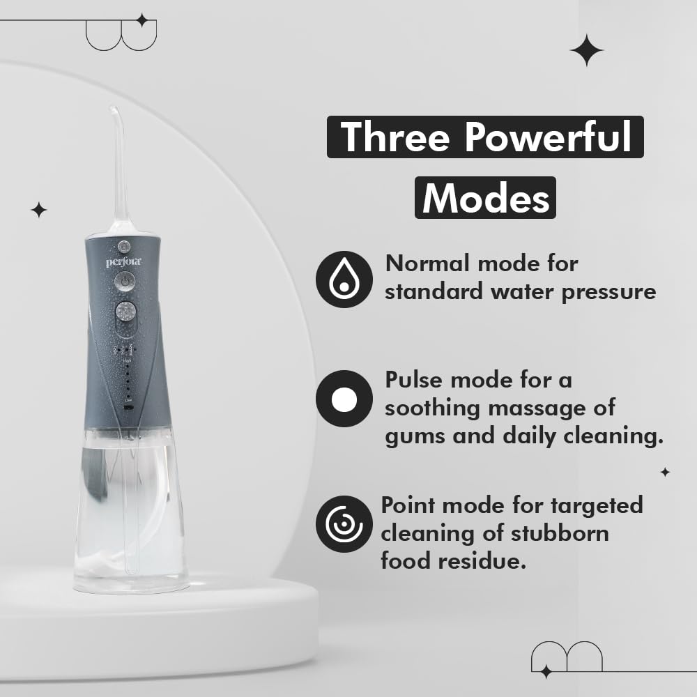 Perfora Power Water Dental Flosser - 300ml Tank Capacity with Custom 8 Water Pressure Settings & 2 Nozzles, 1500mAh Battery | 2 Year Warranty | Dental Flosser For Teeth Oral Care, IPX7 Waterproof, Rechargeable (Grey)