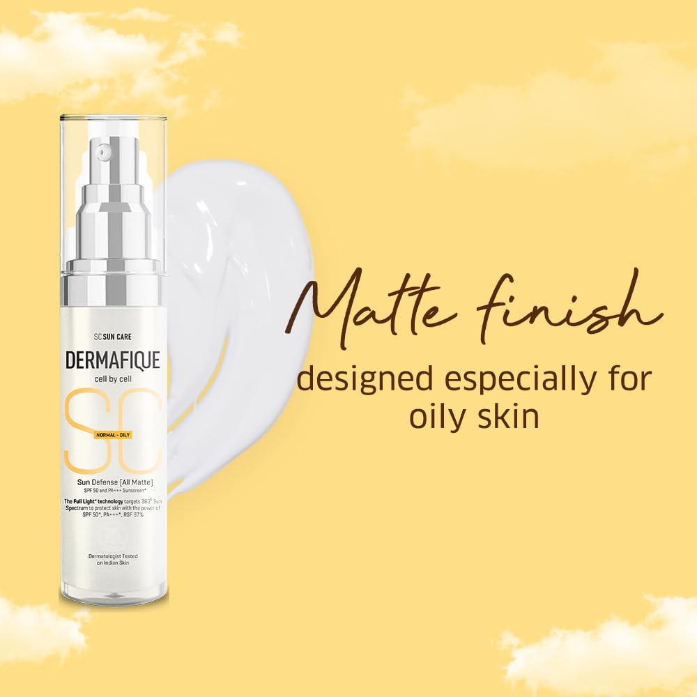 Dermafique Sun Defense All Matte, SPF 50, PA +++ Sunscreen 30g, Normal - Oily Skin, 360° Sun Spectrum Protection, Prevents Tanning, Pigmentation & Photaging, UVA,UVB,IR & Visible Light Protection, Dermatologist Tested on Indian Skin, for Men & Women