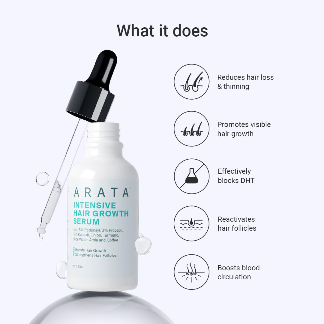 Arata Intensive Hair Growth Serum | 3% Redensyl, 3% Procapil, Onion, Turmeric, Rice Water | Controls Hair Loss | Stimulates Hair Growth | Increases Thickness | Hair Growth Serum For Women & Men | 30ml