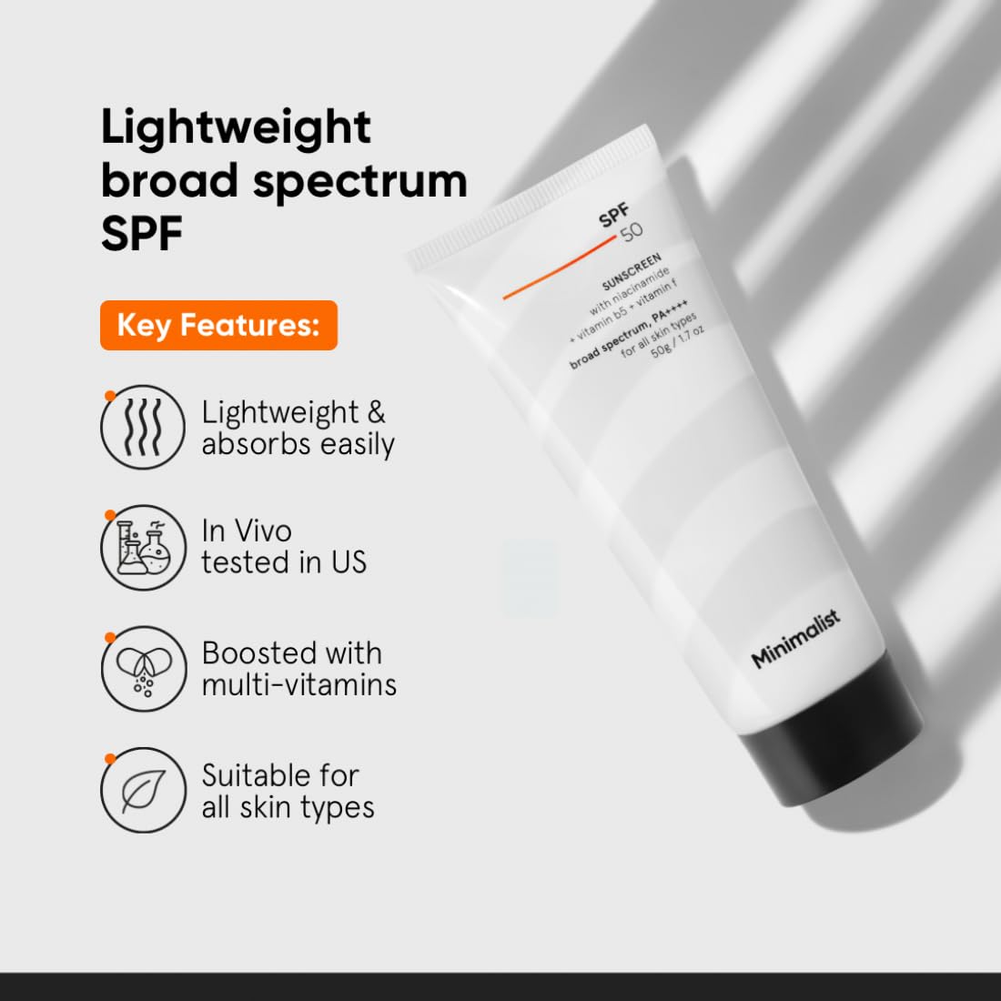 Minimalist Sunscreen SPF 50 PA++++ | Clinically Tested in US (In-Vivo) | Lightweight with Multi-Vitamins | No White Cast | Broad Spectrum | For Women & Men | 50g