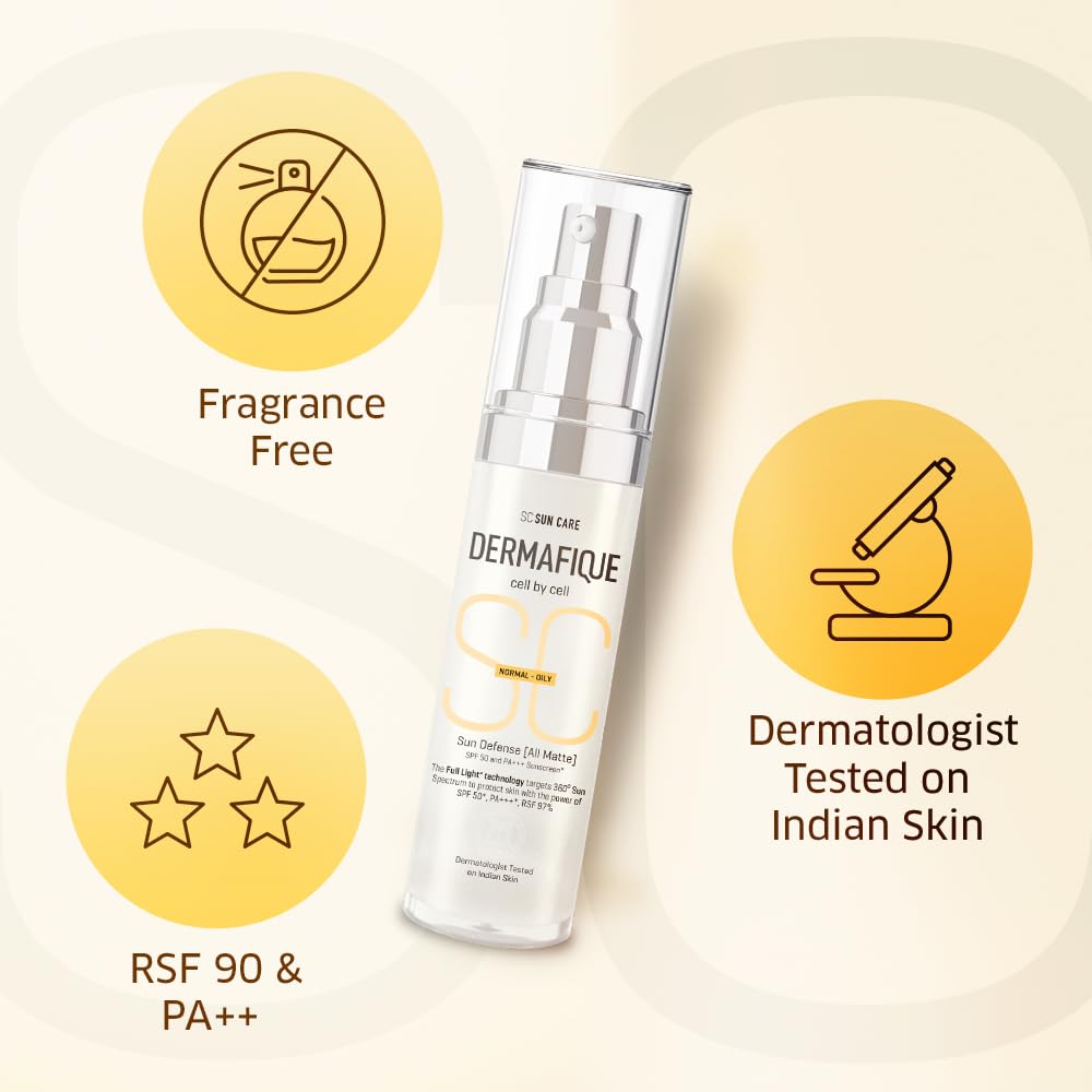 Dermafique Sun Defense All Matte, SPF 50, PA +++ Sunscreen 30g, Normal - Oily Skin, 360° Sun Spectrum Protection, Prevents Tanning, Pigmentation & Photaging, UVA,UVB,IR & Visible Light Protection, Dermatologist Tested on Indian Skin, for Men & Women