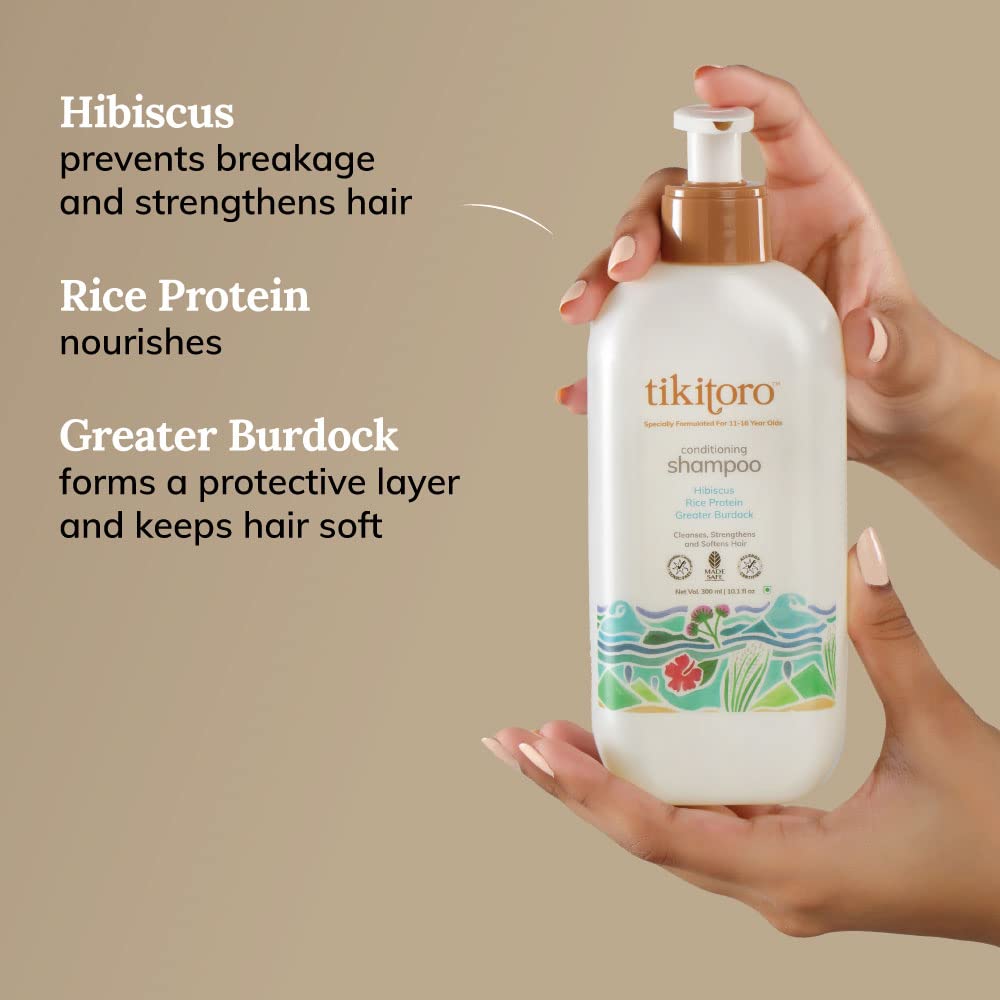 Tikitoro Teens Conditioning Shampoo 100% Vegan with Hibiscus, Rice Protein, Greater Burdock Extract, Cleanses, Strengthens & Softens Hairs, (Age: 11+) (300ml x 1)