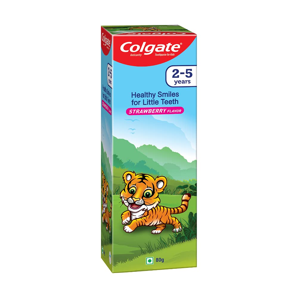 Colgate Kids Toothpaste for 2-5 Years - 80gm, Tooth Paste with 50% Lesser Abrasive Formula for Protecting Against Cavities (Strawberry Flavour)