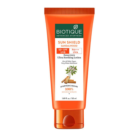 Biotique Bio Sandalwood Sunscreen Ultra Soothing Face Lotion, SPF 50+ |Ultra Protective Lotion| Keeps Skin Soft, Fair and Moisturized| Water Resistant| For All Skin Types| 50ml