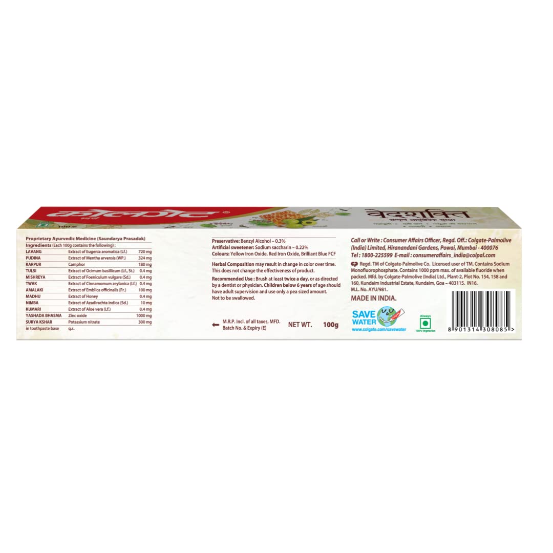 Colgate Vedshakti Toothpaste, Anti-Bacterial Tooth Paste for Whole Mouth Health and Fresh Breath, With Neem, Clove, and Honey, 100g