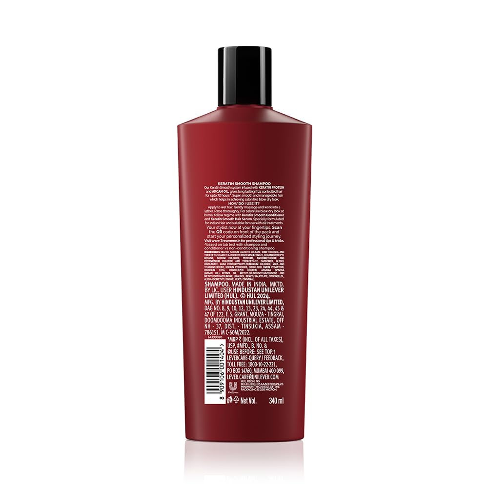 TRESemme Keratin Smooth Shampoo 340 ml|| With Keratin & Argan Oil for Straighter|| Shinier Hair - Nourishes Dry Hair & Controls Frizz|| For Men & Women