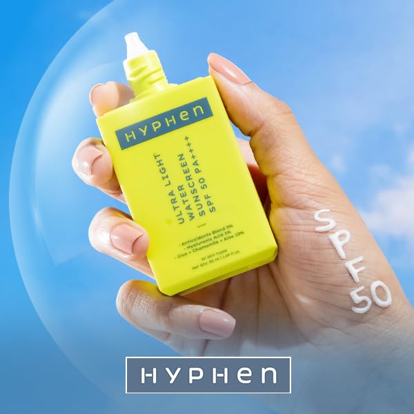 Hyphen Ultra Light Water Sunscreen Spf 50 Pa ++++ Uva-Uvb & Blue Light Protection, No White Cast, Dewy With 5% Antioxidants Niacinamide Vitamin E Blend, For Men & Women, Fragrance Free - 50Ml - All