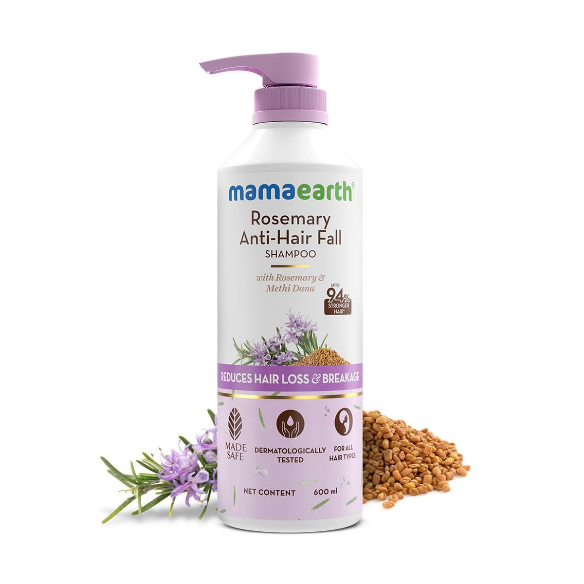 Mamaearth Rosemary Anti-Hair Fall Shampoo with Rosemary & Methi Dana for Reducing Hair Loss & Breakage- 600 ml|Up to 94% Stronger Hair|Up to 93% Less Hair Fall|Sulphate Free Shampoo|For Men and Women