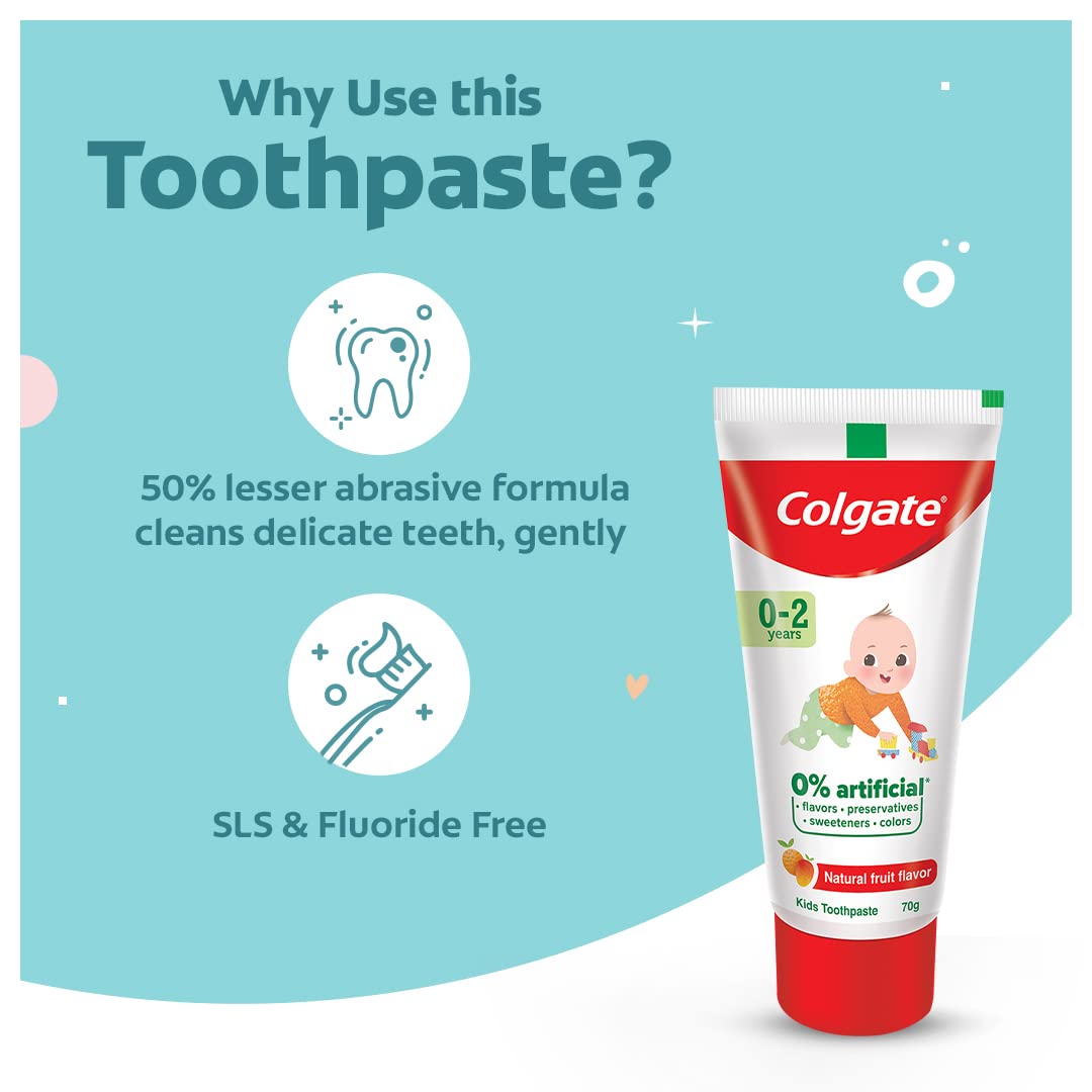 Colgate Toothpaste For Kids Cavity Protection (0-2 Years), Natural Fruit Flavour Tooth Paste, Sls & Fluoride Free - 70G Tube