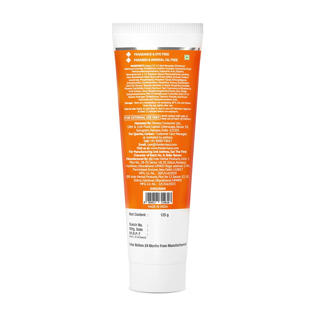 The Derma Co. 1% Hyaluronic Sunscreen SPF 50 Aqua Gel, PA++++, Lightweight, No white-cast for Broad Spectrum & Blue Light Protection for Oily, Dry, Acne-prone Skin - 125 g