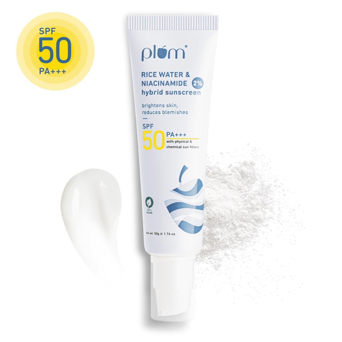 Plum 2% Niacinamide Sunscreen SPF 50 PA+++ With Rice Water | UVA/ UVB Protection | Reduces Tan, Brightens Skin | No White Cast, Lightweight, Non-Sticky | Dermatologically Tested | All Skin Types | Women & Men | 100% Vegan | 50 g