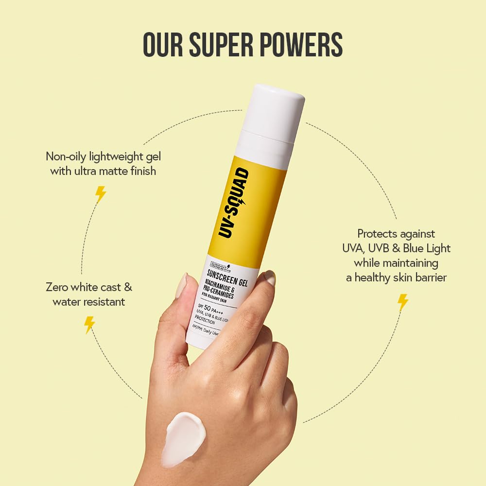 UV Squad Sunscreen SPF 50 PA+++ with Niacinamide & Pro-Ceramides | No white cast | Non-oily, lightweight, Non-comedogenic