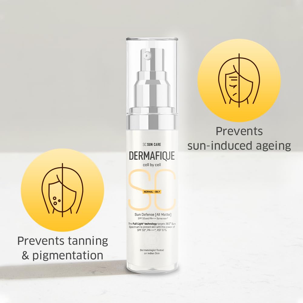 Dermafique Sun Defense All Matte, SPF 50, PA +++ Sunscreen 30g, Normal - Oily Skin, 360° Sun Spectrum Protection, Prevents Tanning, Pigmentation & Photaging, UVA,UVB,IR & Visible Light Protection, Dermatologist Tested on Indian Skin, for Men & Women