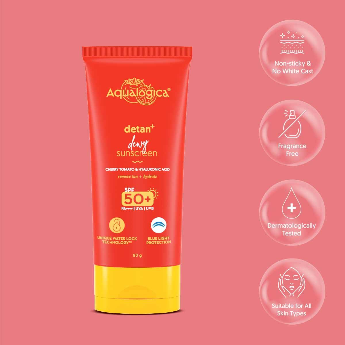 Aqualogica Detan+ Dewy Sunscreen with Cherry Tomato & Hyaluronic Acid with SPF 50 & PA++++ for Men & Women - For Normal, Dry & Combination Skin -80g