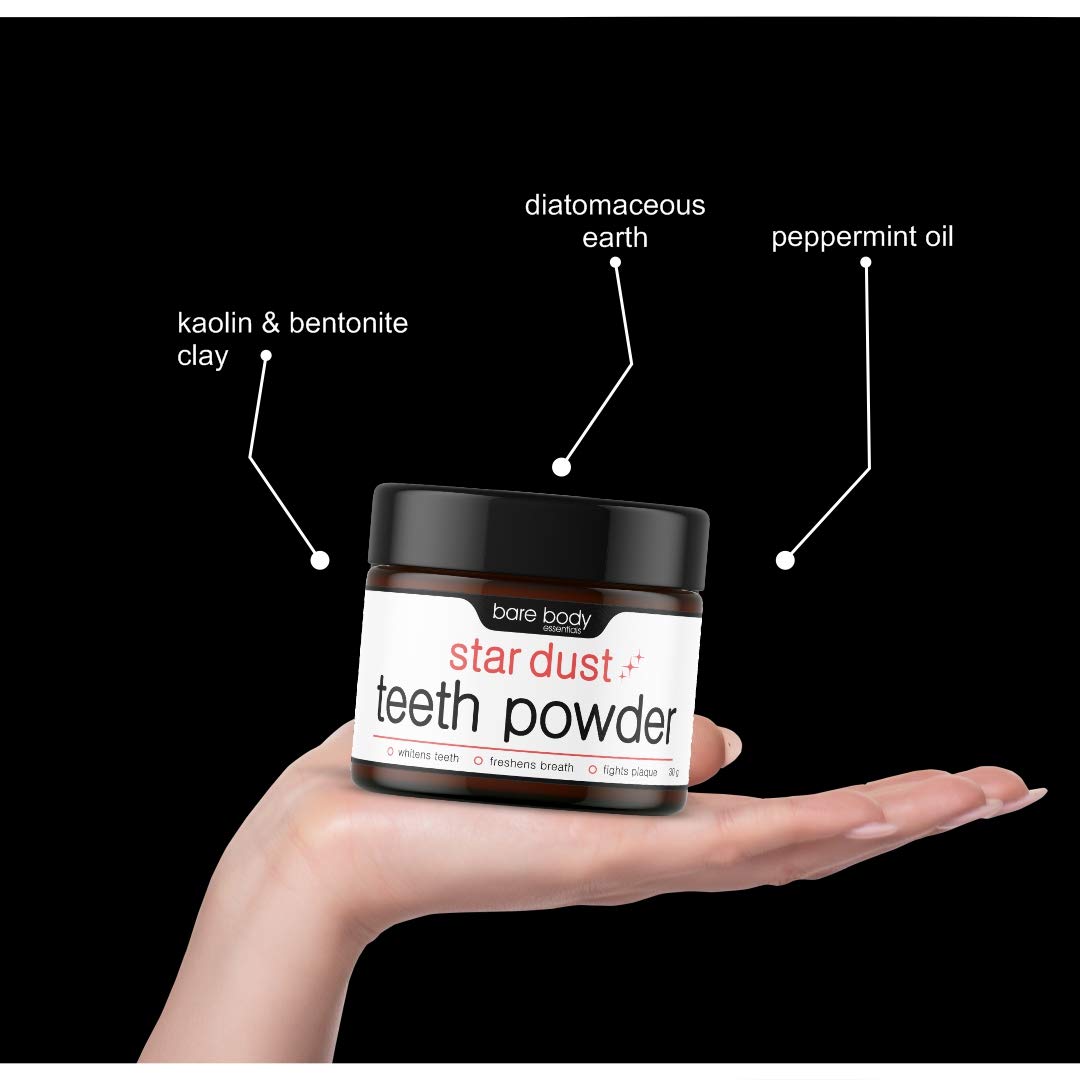 Bare Body Essentials Star Dust Teeth Whitening Powder, For Shiny Polished Teeth, Improves Teeth Whiteness and Brightness, Helps Fight Plaque, Removes Stains, Freshens Breath, Natural Ingredients, 30gm