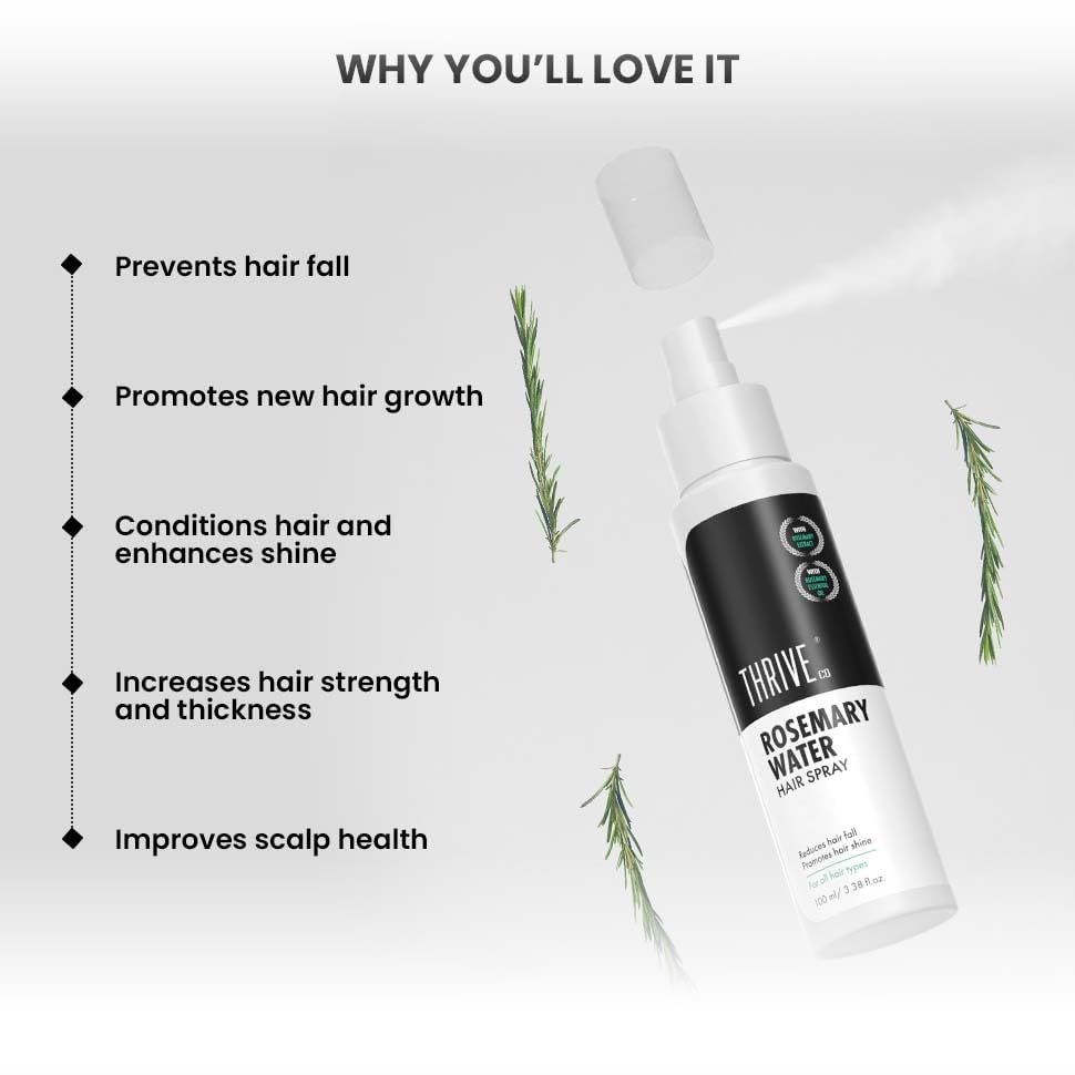 ThriveCo Rosemary Water Hair Spray | With 100% Natural Rosemary Extract, Rice Water & Hyaluronic Acid | For Hair Growth, Hair Fall Control, Hair Conditioning & Hair Shine | Men & Women, 100ml