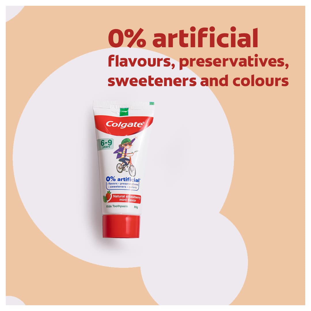 Colgate Toothpaste Enamel Protection For Kids (6-9 Years), Natural Strawberry Mint Flavour Tooth Paste, With 0% Artificial Flavors, Preservatives, Sweeteners & Colors - 80G Tube