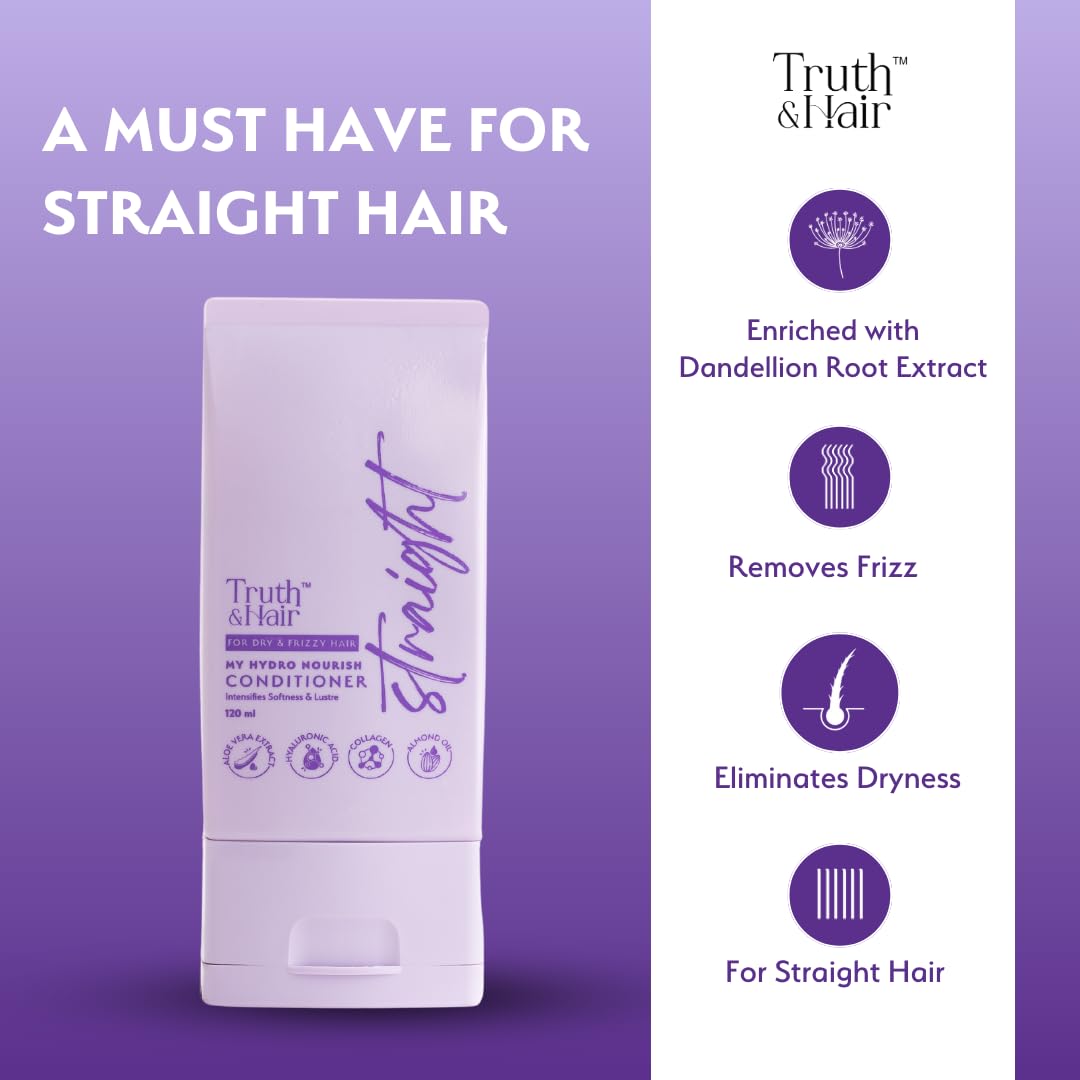 TRUTH & HAIR Hydro Nourish Conditioner for Straight Hair (120ml) | With Aloevera Powder, Hyaluronic Acid, Collagen, Argan & Almond Oil | SLS & Paraben free | Dermat Approved | Improves hair softness