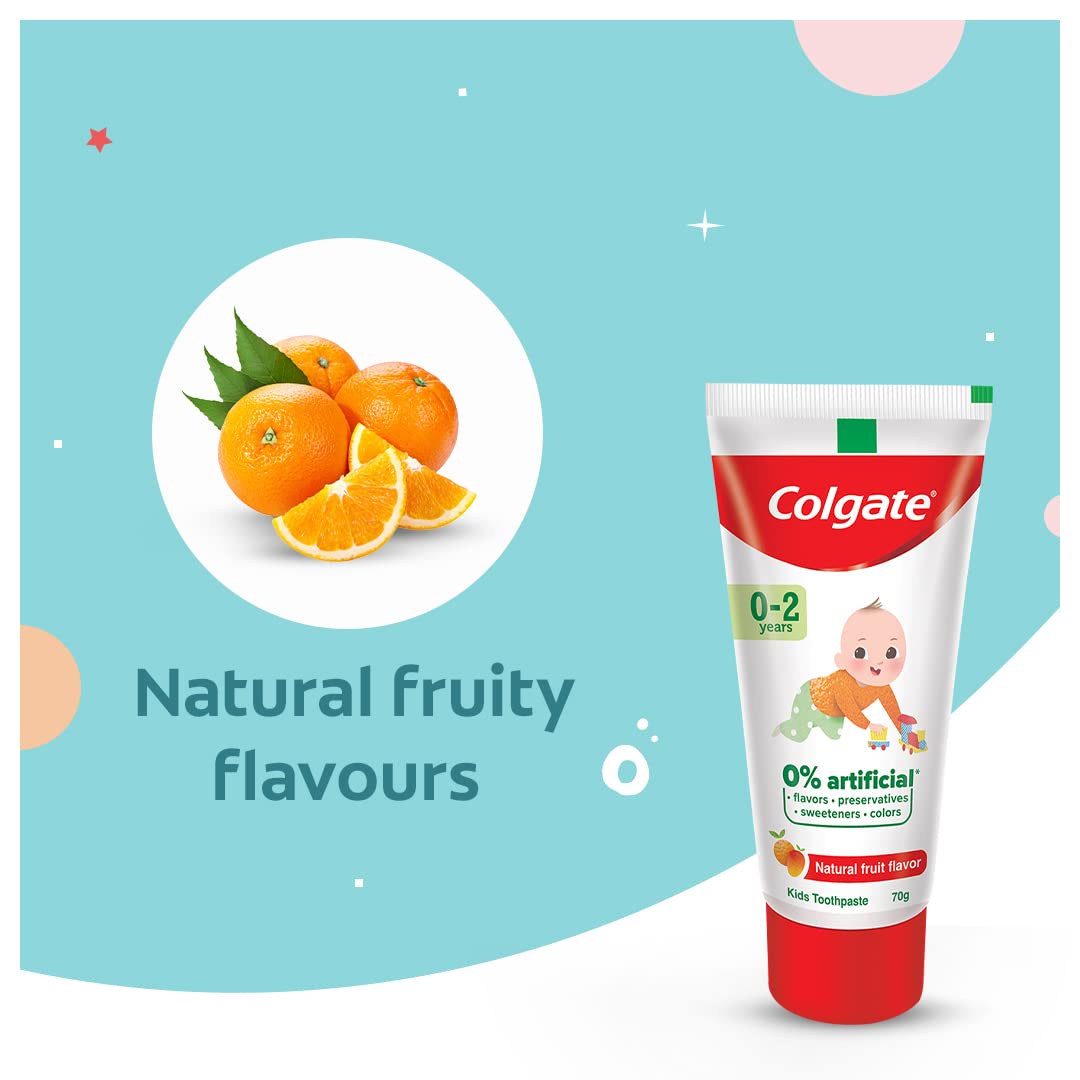 Colgate Toothpaste For Kids Cavity Protection (0-2 Years), Natural Fruit Flavour Tooth Paste, Sls & Fluoride Free - 70G Tube