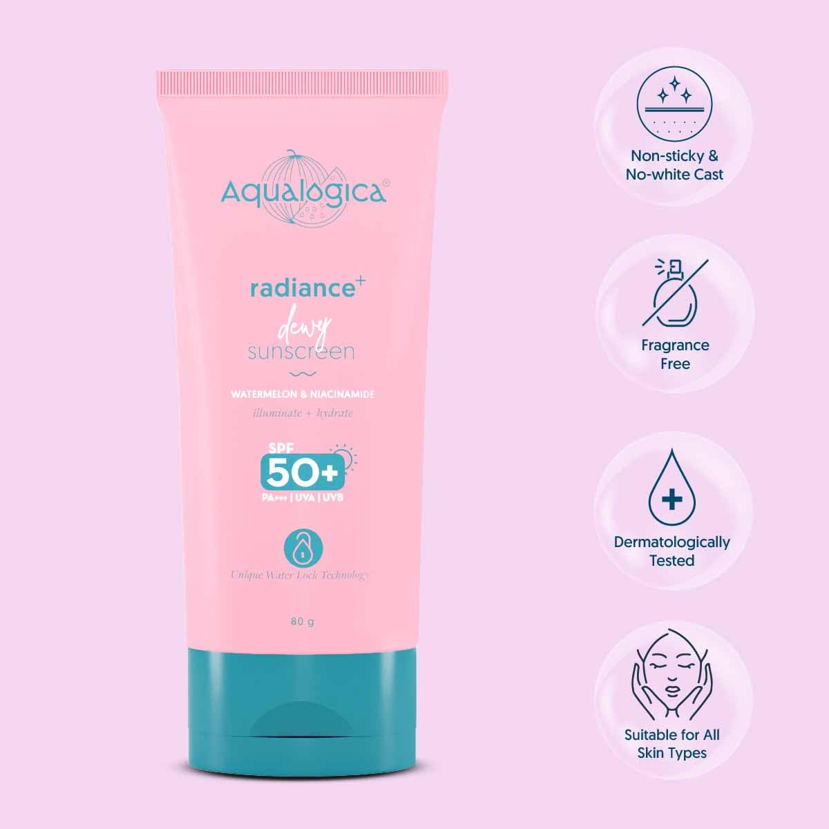 Aqualogica Radiance+ Dewy Sunscreen For All Skin Types With Watermelon & Niacinamide With Spf 50 & Pa+++ - 80G, Pack Of 1