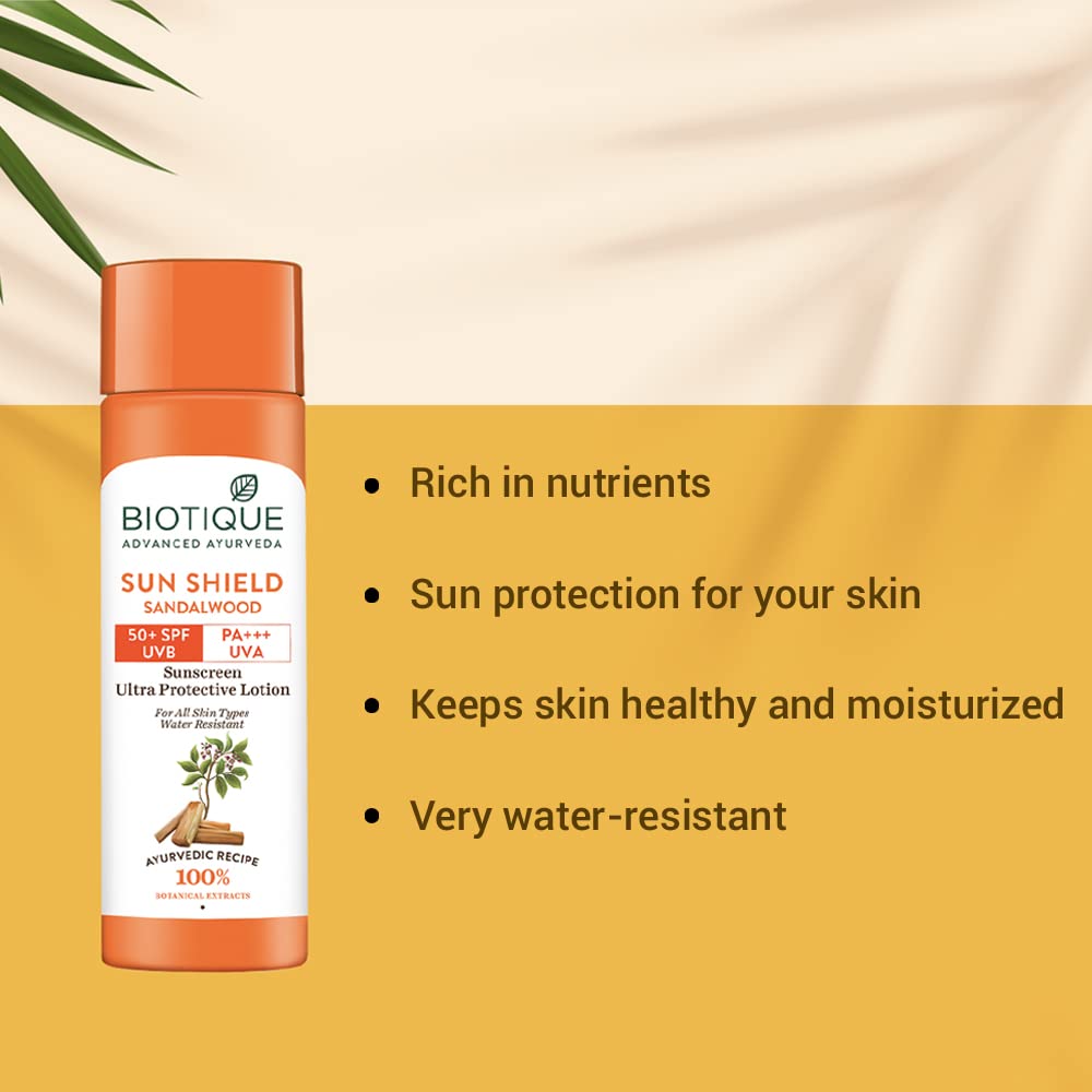 Biotique Bio Sandalwood Sunscreen Ultra Soothing Face Lotion, SPF 50+ |Ultra Protective Lotion| Keeps Skin Soft, Fair and Moisturized| Water Resistant| For All Skin Types| 120ml