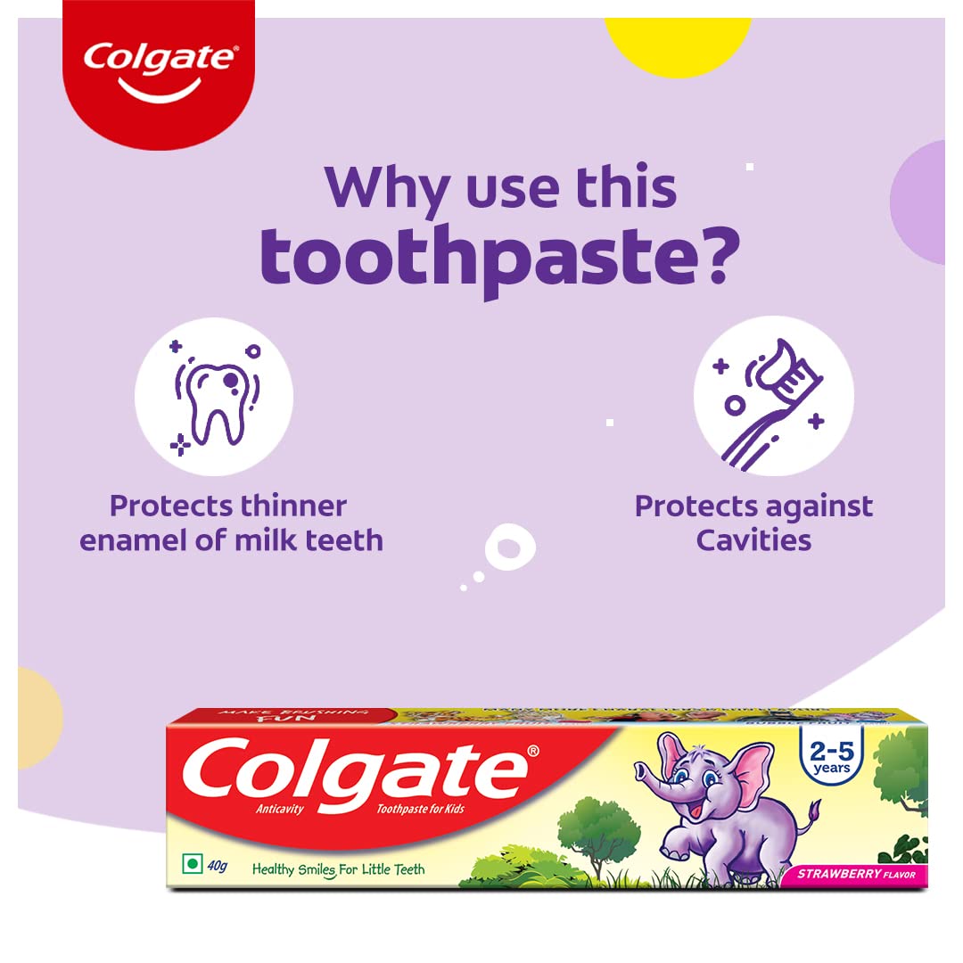 Colgate Kids Toothpaste For 2-5 Years, Strawberry Flavour, Gentle Protection, Prevents Cavities Tooth Paste With 50% Lesser Abrasive Formula For Protecting Against Cavities - 40 Gram