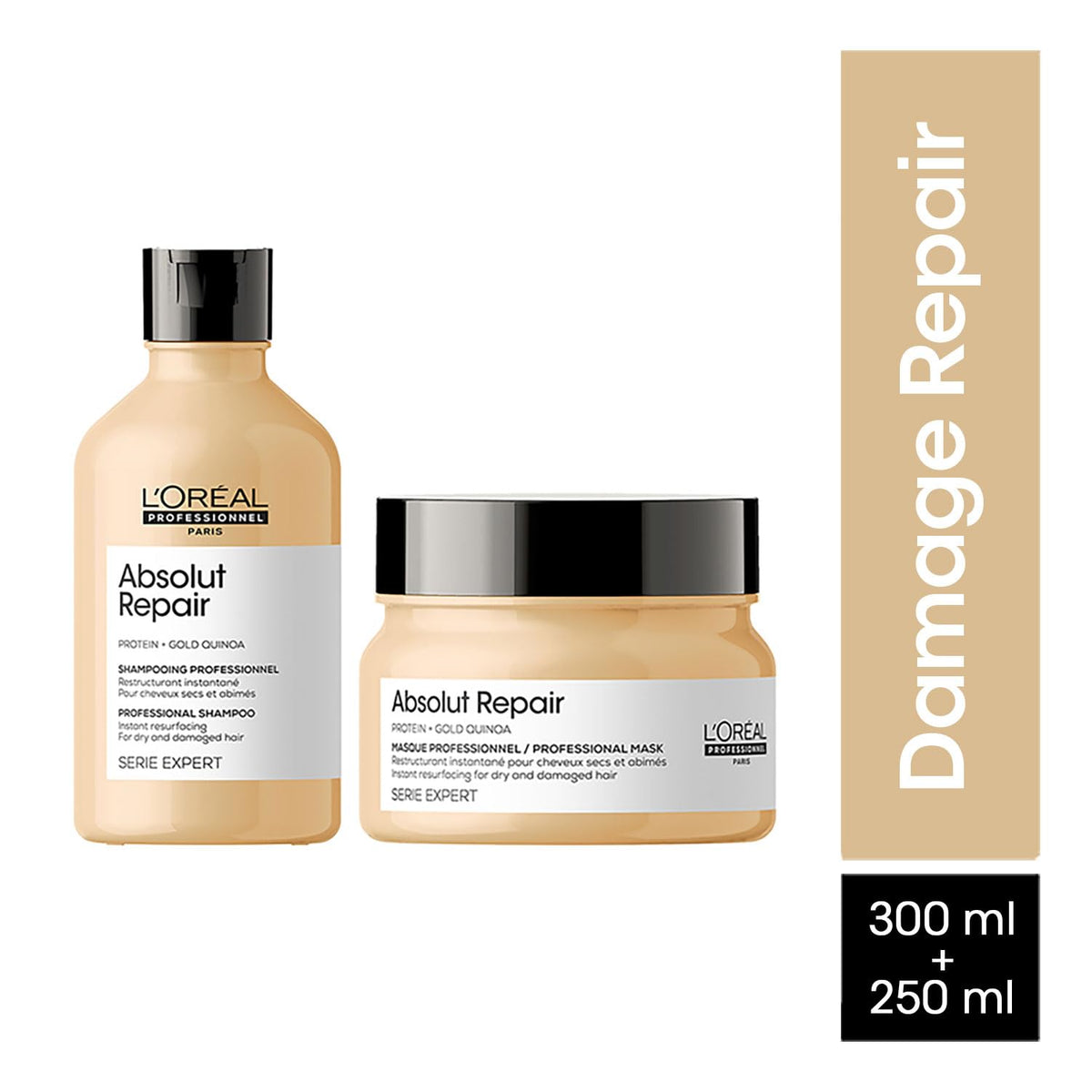 L'Oréal Professionnel Absolut Repair Shampoo With Protein And Gold Quinoa For Dry And Damaged Hair, Serie Expert, 300Ml