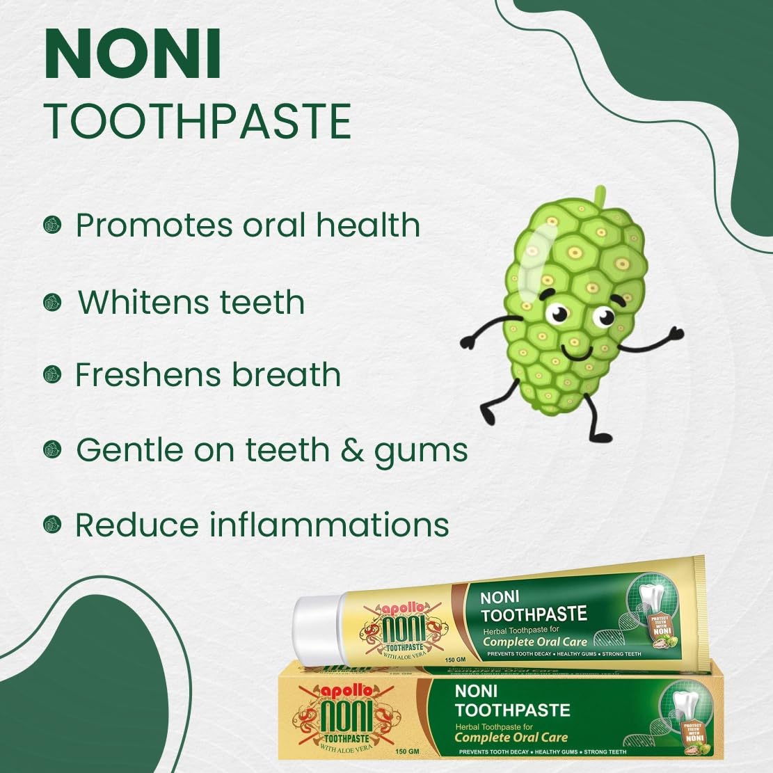 Apollo Noni Fruit Toothpaste for Entire Family, Daily Oral Detox - Protect Enamels, Strengthens Gums, Reduce Plaque | 150gm