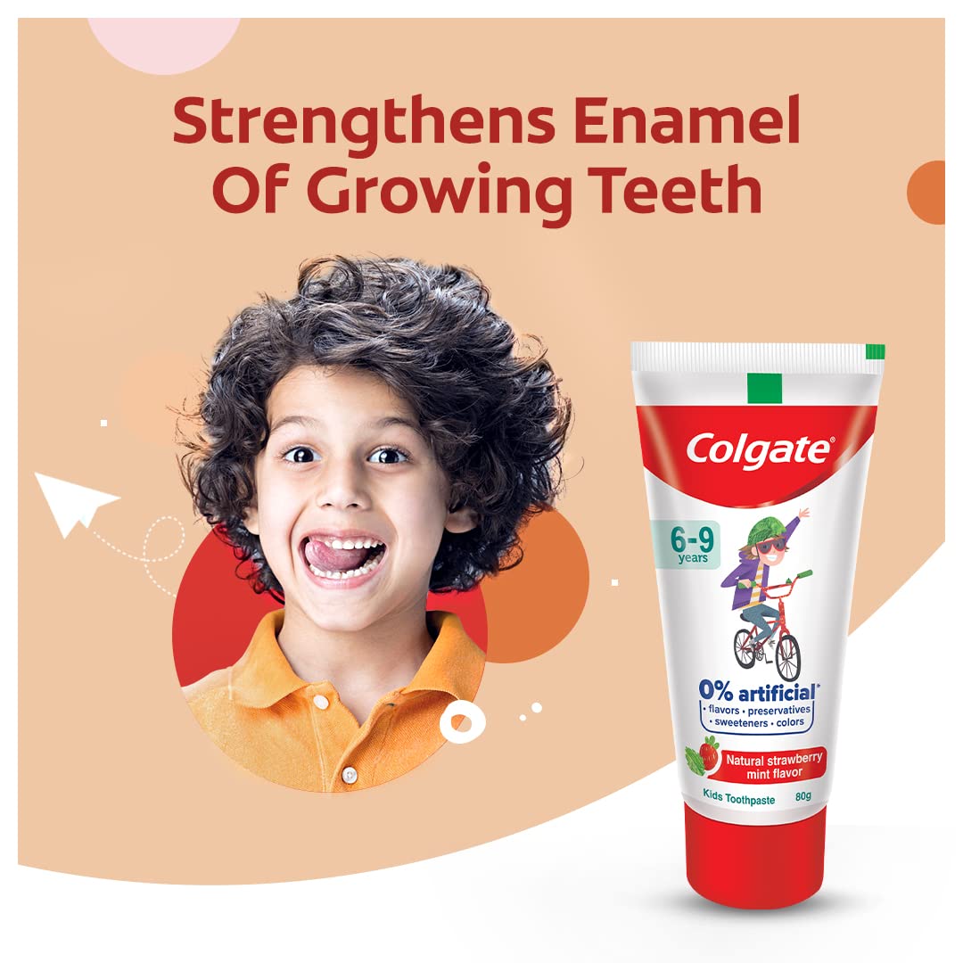 Colgate Toothpaste Enamel Protection For Kids (6-9 Years), Natural Strawberry Mint Flavour Tooth Paste, With 0% Artificial Flavors, Preservatives, Sweeteners & Colors - 80G Tube