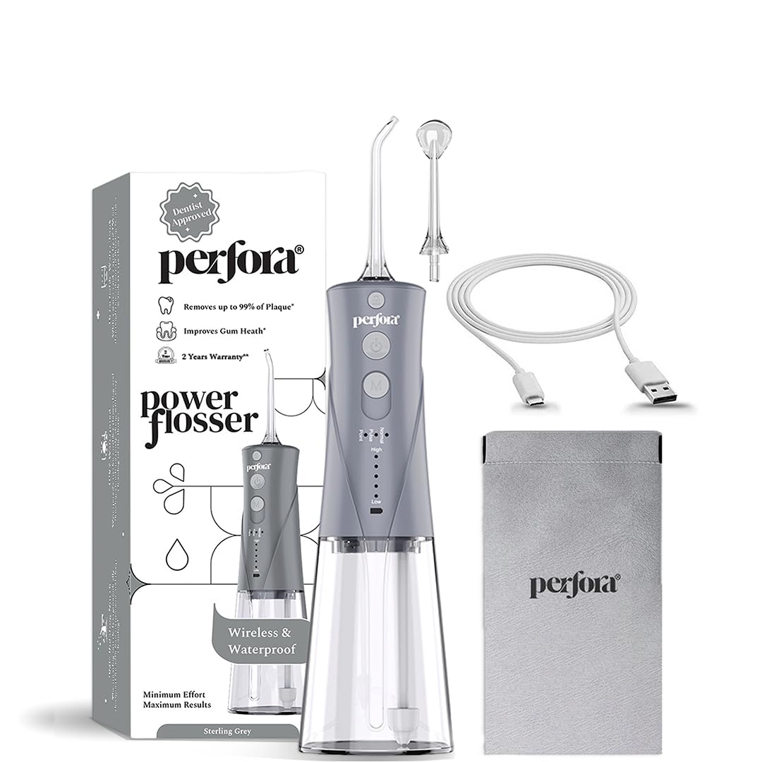 Perfora Power Water Dental Flosser - 300ml Tank Capacity with Custom 8 Water Pressure Settings & 2 Nozzles, 1500mAh Battery | 2 Year Warranty | Dental Flosser For Teeth Oral Care, IPX7 Waterproof, Rechargeable (Grey)