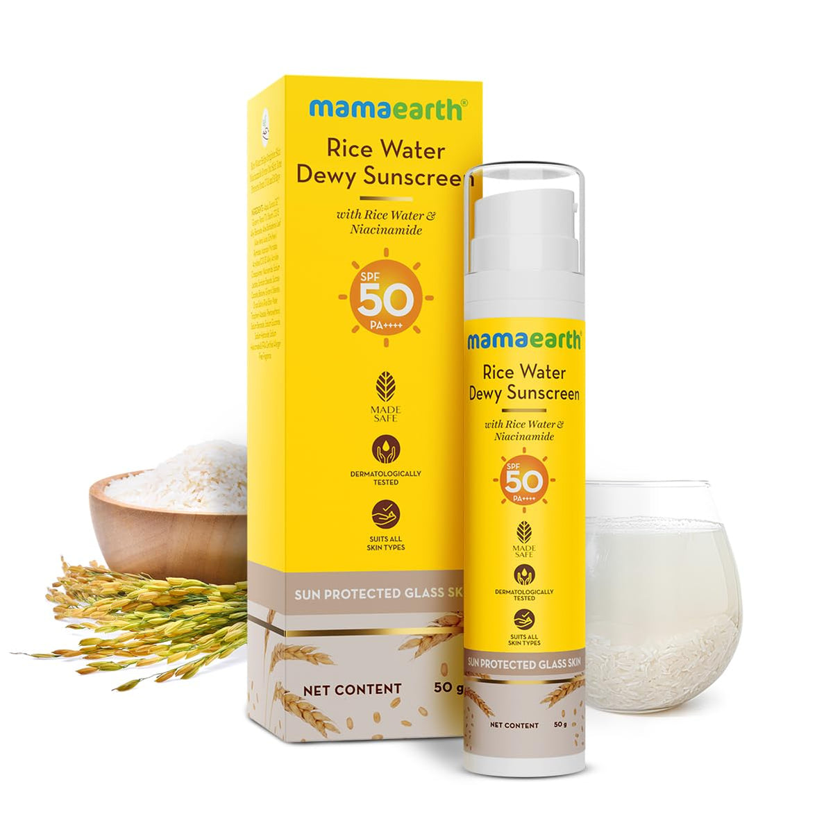 Mamaearth Rice Water Dewy Sunscreen with Rice Water & Niacinamide 50 g | Gives SPF50 & PA++++ Protection | For Glass Skin Glow | Evens Skin Tone | UVA & UVB Protection | No White Cast | All Skin Types