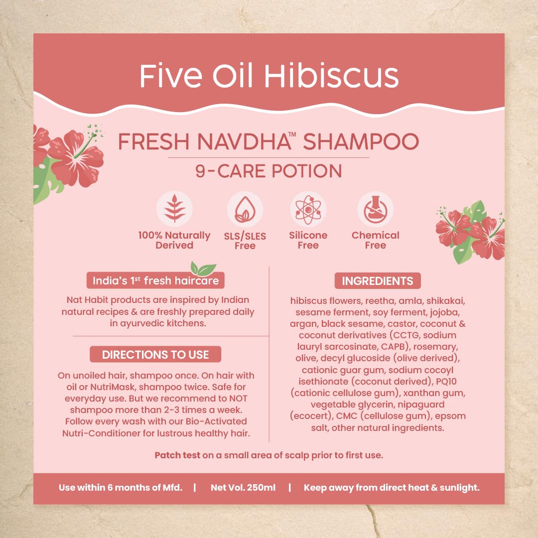 Nat Habit Sulfate-Free Natural Five Oils Hibiscus Hair Growth Shampoo, Navdha Shampoo for Women and Men (Pack of 1 X 250ml)