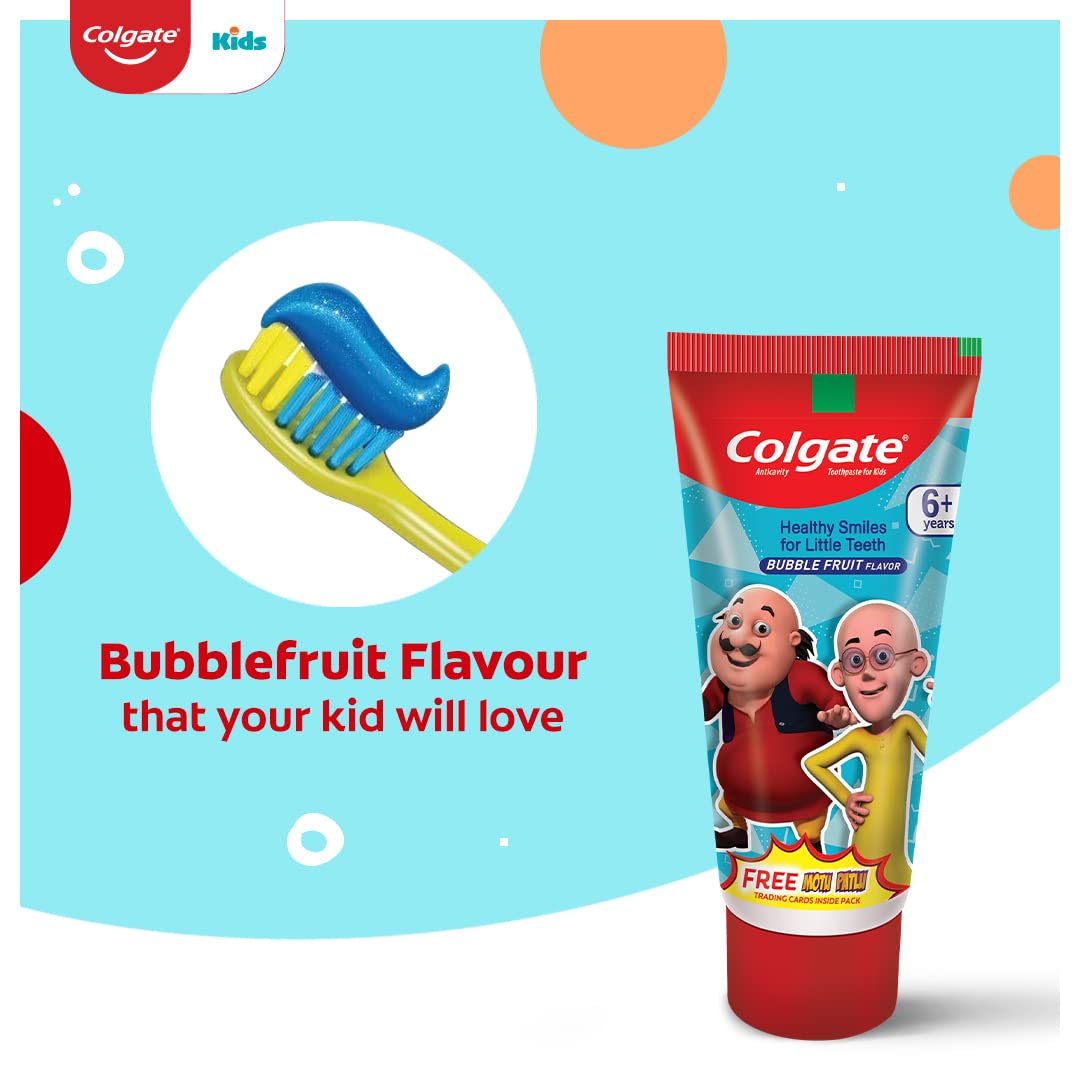 Colgate Kids Toothpaste For 6+ Years, Motu Patlu, Bubble Fruit Flavour, Gentle Protection Tooth Paste With 50% Lesser Abrasive Formula For Protecting Against Cavities, Enamel Protection, 80G