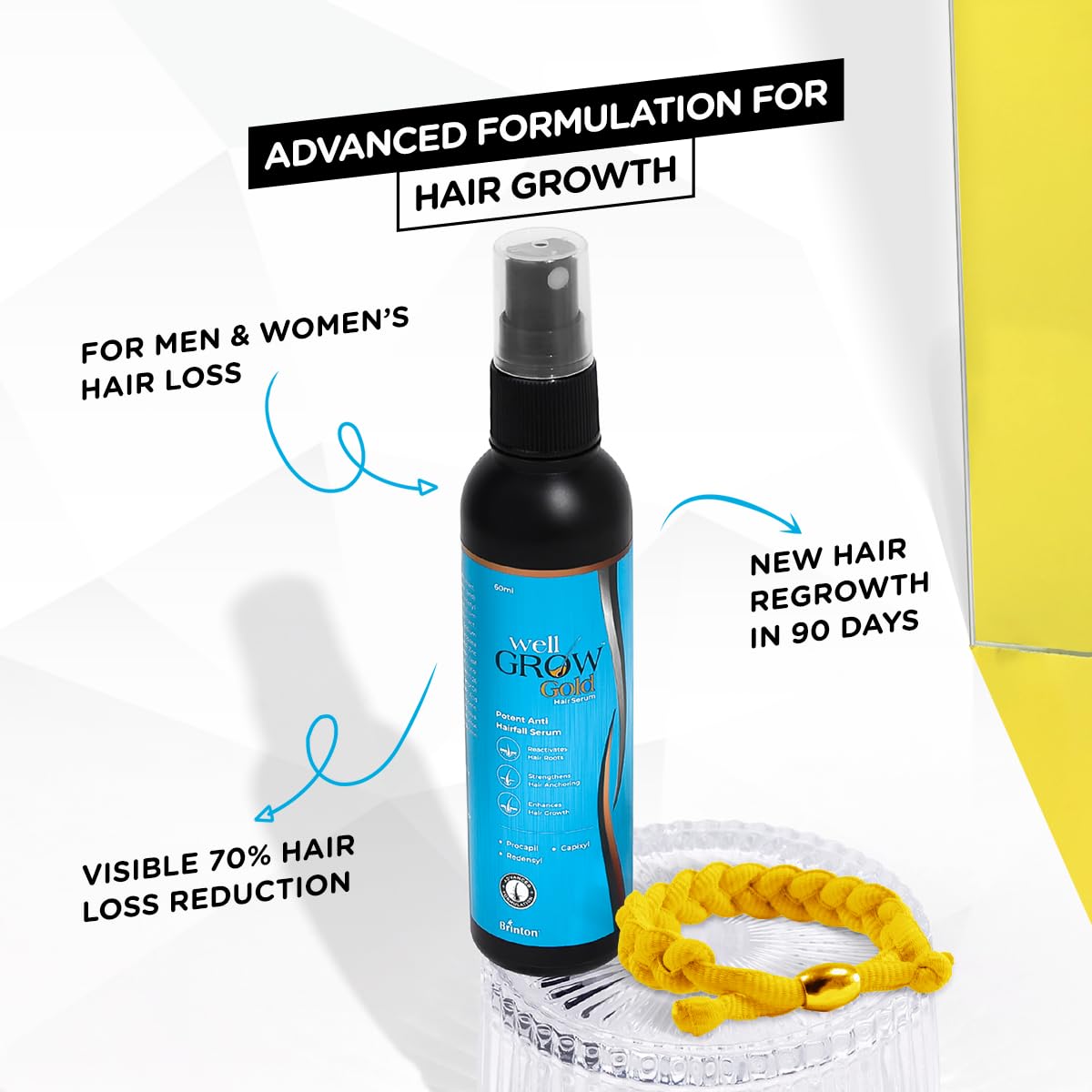 Brinton WellGrow Gold Hair Growth Serum with Redensyl, Capixyl & Procapil for Hair Fall Control & Repair | Strengthens & Enhances Hair Growth for Men & Women 60 ml