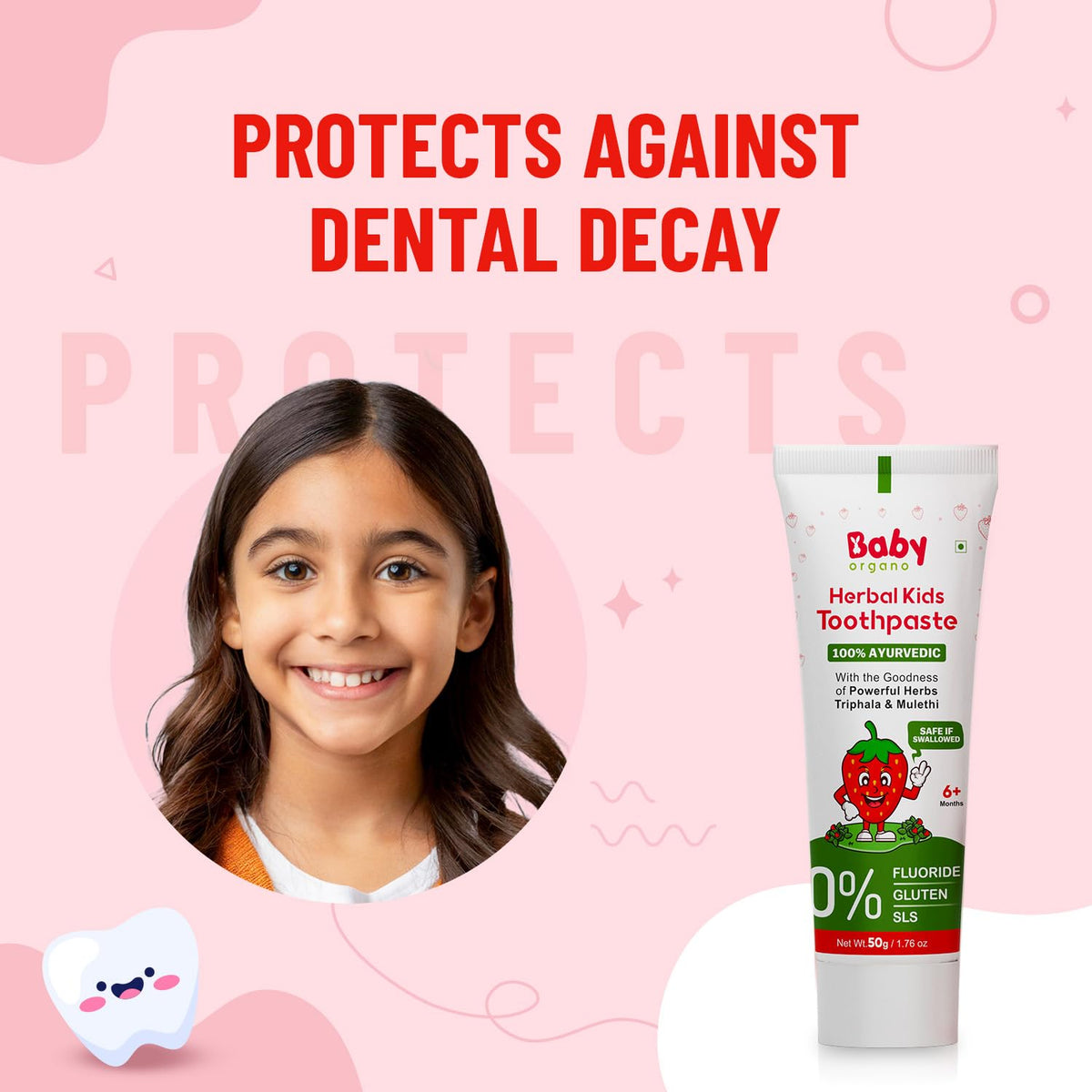 Babyorgano Herbal Kids Baby Toothpaste 0-5 Years 50gm, Strawberry Flavor, with Babool, Khadir & Lodhra Stregthen Gums, Bad Breath, Prevent Tooth Decay | Safe If Swallowed | Fluoride, SLS Free (Pack 1)