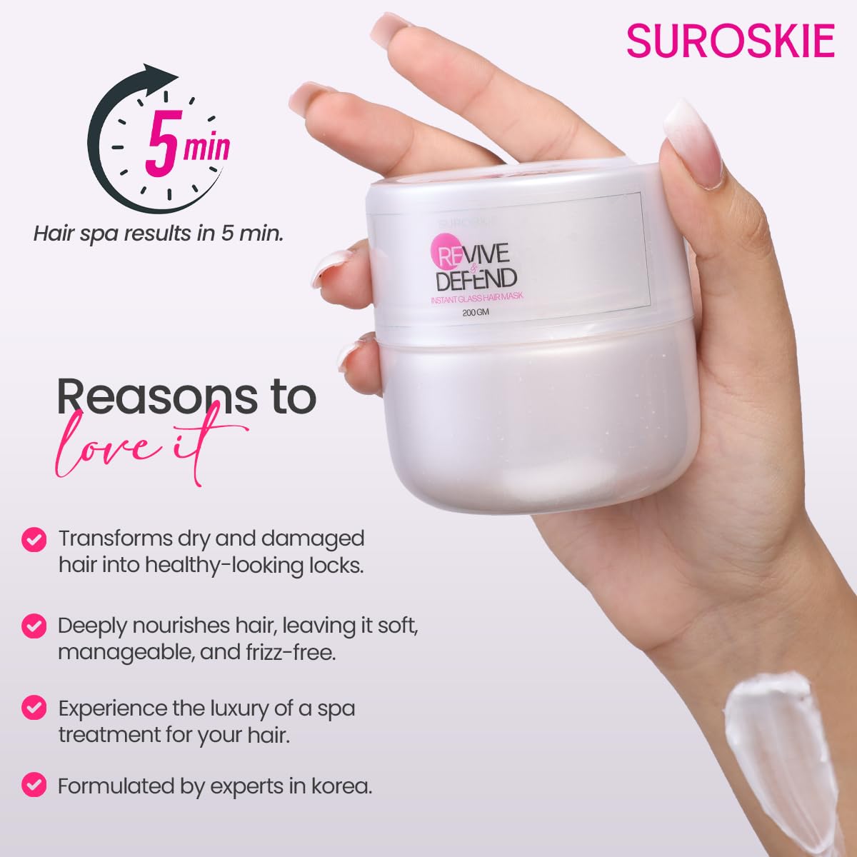 SUROSKIE Revive & Defend Instant Glass Hair Mask 200gm | With Hydrolyzed Keratin & Murmuru Butter | Nourish & Frizz Free Hair | Spa Treatment at Home | Intense Hair Damage Repair Mask | All Hair Types