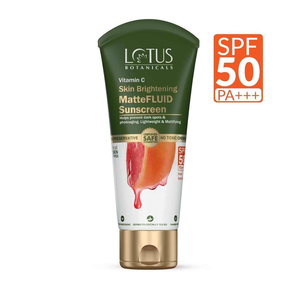 Lotus Botanicals Vitamin C Matte Fluid Sunscreen | Sun Protect & Skin Brightening | SPF 50 | PA+++ | 300x Vitamin C | For All Skin Types | 75g