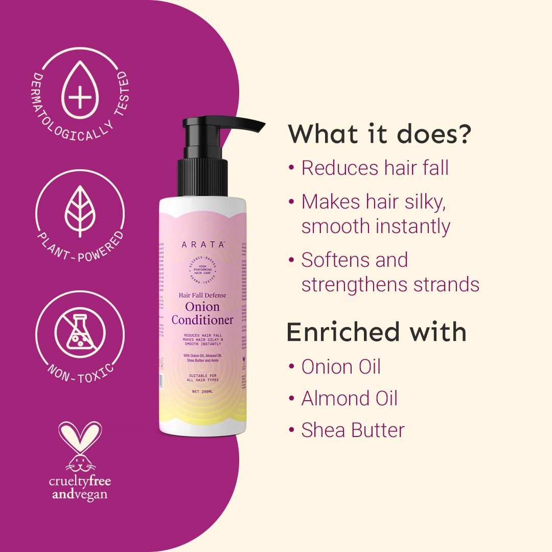 Arata Hair Fall Defense Onion Conditioner- 200 Ml Makes Hair Silky & Smooth Instantly With Onion Oil, Almond Oil, Shea Butter And Amla,1 Count