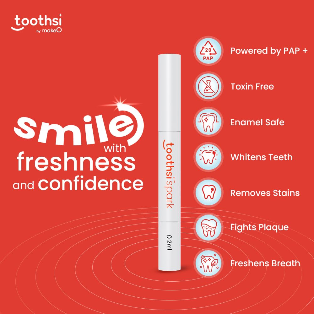 Toothsi Spark Teeth Whitening Pen | 2ml | 30 Minutes Stain Remover Portable Pen | Teeth Whitening Pen with Long-Lasting Effect | Safe Advanced Formulation | Whiter Smiles On The Go