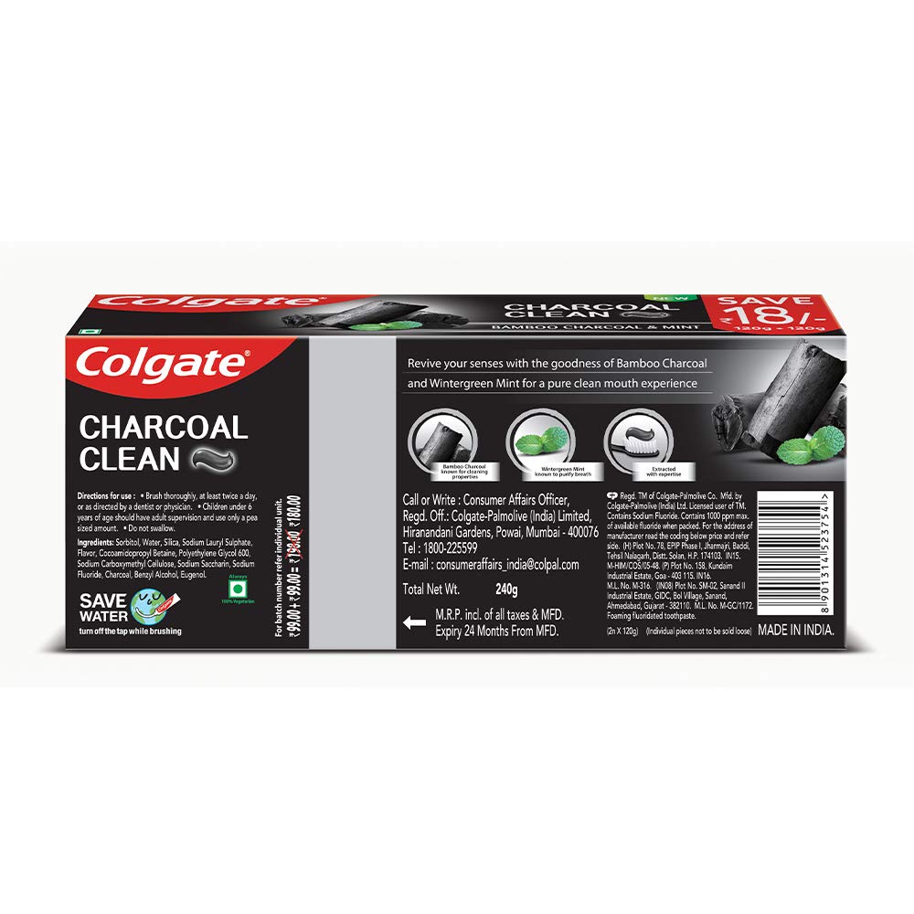 Colgate Charcoal Clean Black Gel Toothpaste, Combo Pack of 240g (120g x2) Deep Clean Tooth paste With Bamboo Charcoal & Wintergreen Mint For Plaque Removal & Tingling Fresh Mouth Experience