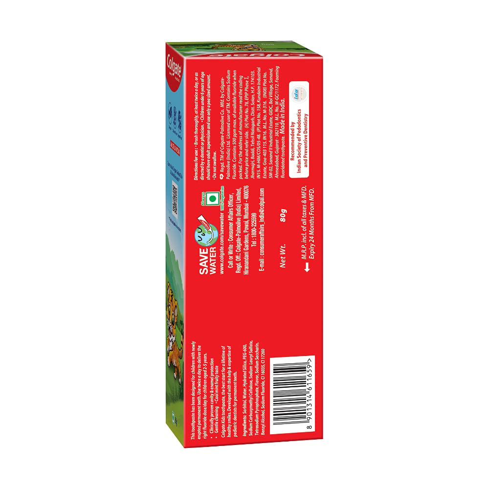 Colgate Kids Toothpaste for 2-5 Years - 80gm, Tooth Paste with 50% Lesser Abrasive Formula for Protecting Against Cavities (Strawberry Flavour)