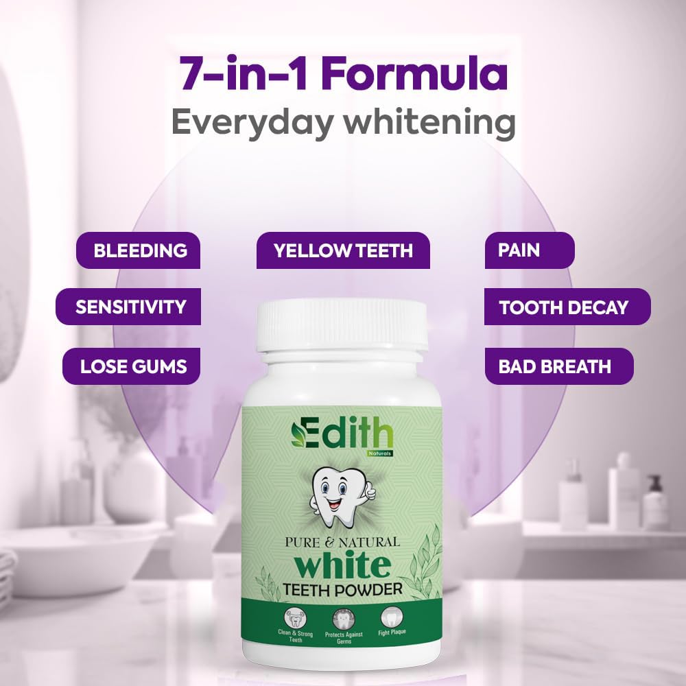 Edith Naturals Teeth Whitening Powder Removes Oldest Stains, Tartar & Plaque | Cavity Protection, Enamel Safe | Natural Mint Formula for Long Lasting Freshness | Men & Women 100g