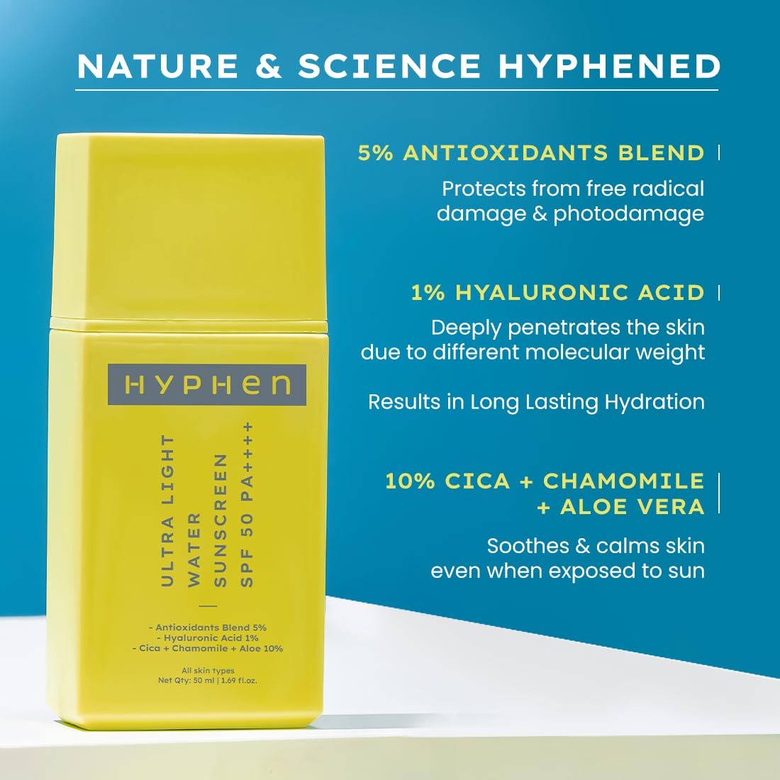 Hyphen Ultra Light Water Sunscreen Spf 50 Pa ++++ Uva-Uvb & Blue Light Protection, No White Cast, Dewy With 5% Antioxidants Niacinamide Vitamin E Blend, For Men & Women, Fragrance Free - 50Ml - All