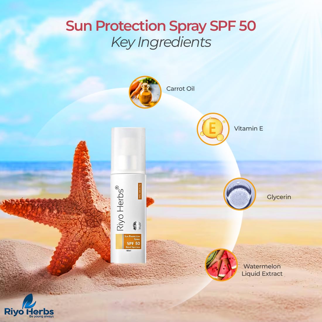 Riyo Herbs Sunscreen Spray SPF 50 PA+++, Body Sunscreen Spray for Daily Use, Sunscreen For Men & Women, Sunscreen SPF 50 For All Skin Types, 100ml