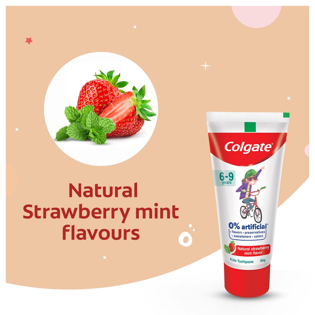 Colgate Toothpaste Enamel Protection For Kids (6-9 Years), Natural Strawberry Mint Flavour Tooth Paste, With 0% Artificial Flavors, Preservatives, Sweeteners & Colors - 80G Tube