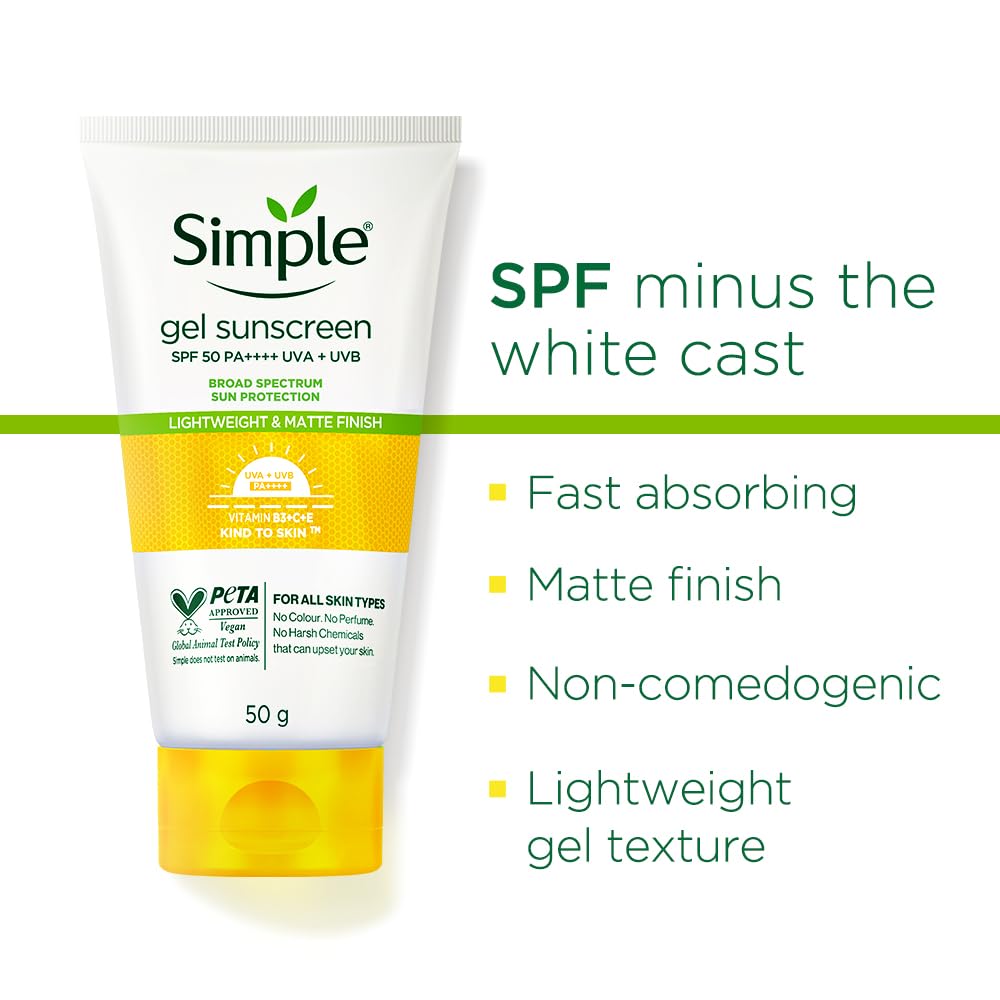 Simple Kind to Skin Gel Sunscreen SPF 50 PA++++ | Lightweight, Matte Finish |No White Cast | Broad Spectrum |Clinically Tested In-Vivo | For Women & Men| For Dry, Normal, Oily and Sensitive Skin | 50g