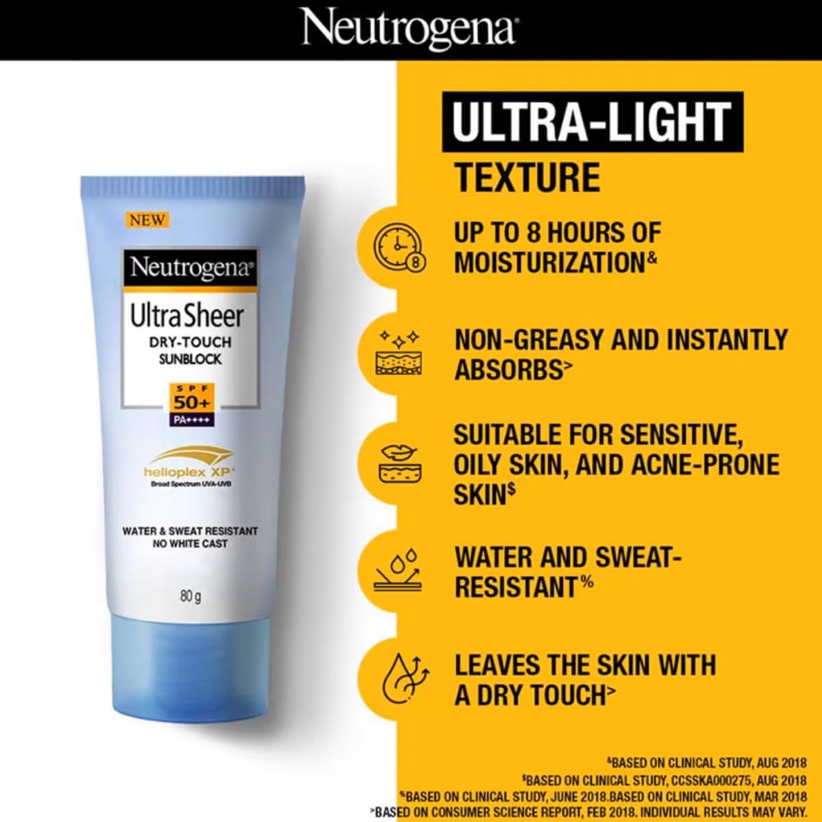 Neutrogena Ultra Sheer Sunscreen SPF 50+ | Broad Spectrum UVA/UVB | Blue light protect | No White Cast | Water resistant, Ultra light & Non sticky | Oily, Dry & Sensitive Skin | 80 g (Pack of 1)