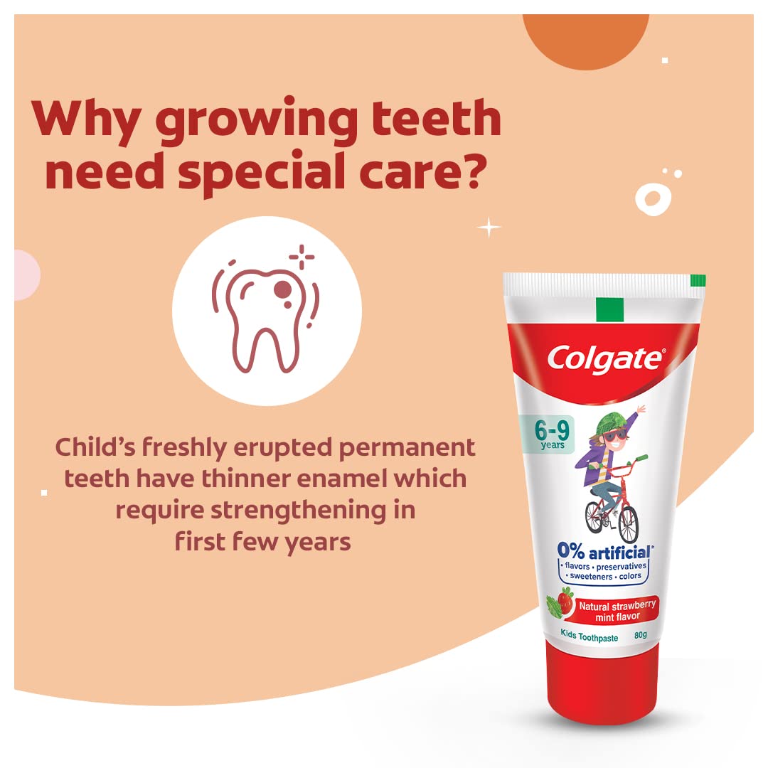 Colgate Toothpaste Enamel Protection For Kids (6-9 Years), Natural Strawberry Mint Flavour Tooth Paste, With 0% Artificial Flavors, Preservatives, Sweeteners & Colors - 80G Tube